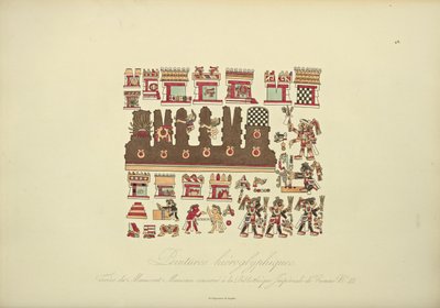 ウィーン帝国図書館に保存されていたメキシコ写本IIIの象形文字の絵画、アレクサンドルフォンによるコルディジェラの景色とアメリカ先住民の記念碑のイラスト 作： French School